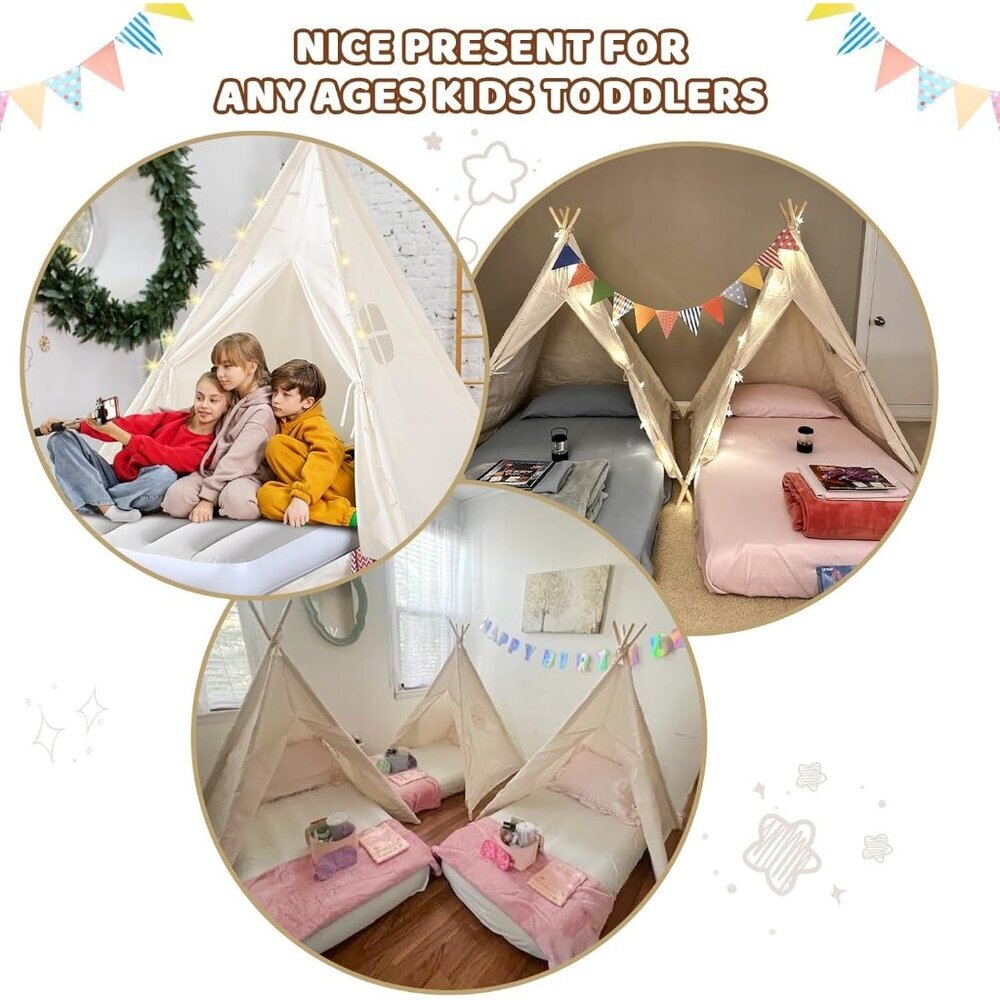 4 Pack Teepee Tent for Kids Slumber Party with Inflatable Airbeds & Lights - Picture 6 of 6